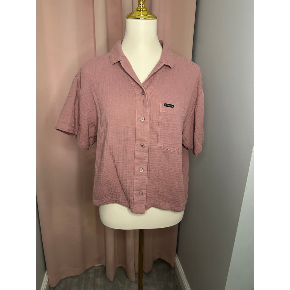 EUC Columbia Holly Hideaway Breezy Short Sleeve Top Sz M Mauve Fig Pink Gauze